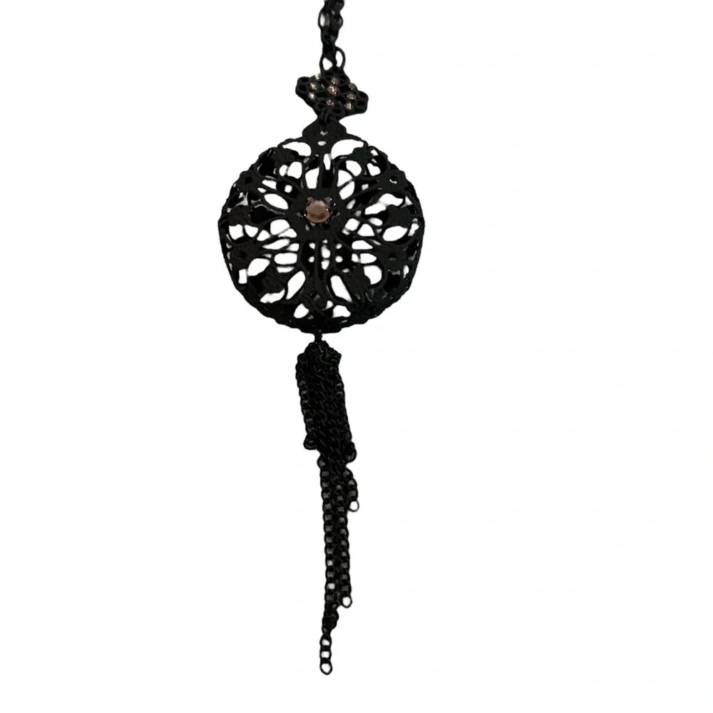 Necklace Stephan & Co. Matte Black 3D Lace Metal Pink Rhinestone Tassel